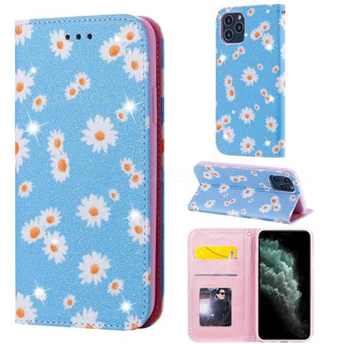 Ultra Slim Daisy Sparkle Glitter Powder Magnetic Leather Wallet Case for iPhone 11 Pro (5.8 inch) - Blue