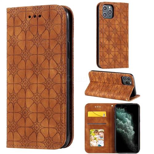 Intricate Embossing Four Leaf Clover Leather Wallet Case for iPhone 11 Pro (5.8 inch) - Yellowish Brown