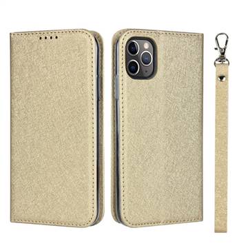 Ultra Slim Magnetic Automatic Suction Silk Lanyard Leather Flip Cover for iPhone 11 Pro (5.8 inch) - Golden
