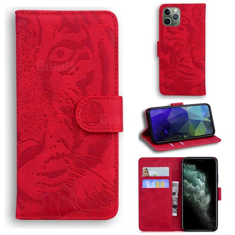 Intricate Embossing Tiger Face Leather Wallet Case for iPhone 11 Pro (5.8 inch) - Red