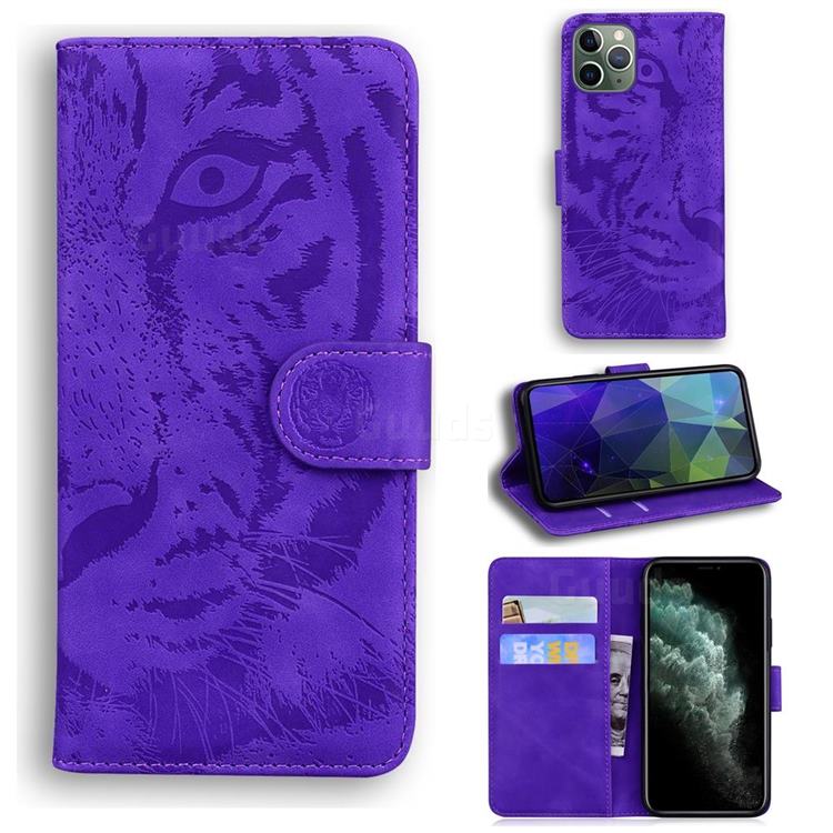 Intricate Embossing Tiger Face Leather Wallet Case for iPhone 11 Pro (5.8 inch) - Purple