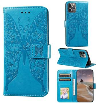 Intricate Embossing Rose Flower Butterfly Leather Wallet Case for iPhone 11 Pro (5.8 inch) - Blue