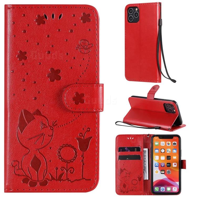 Embossing Bee and Cat Leather Wallet Case for iPhone 11 Pro (5.8 inch) - Red