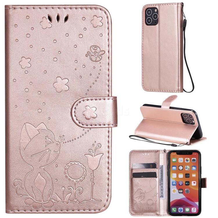 Embossing Bee and Cat Leather Wallet Case for iPhone 11 Pro (5.8 inch) - Rose Gold
