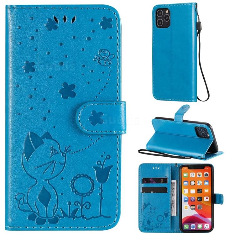 Embossing Bee and Cat Leather Wallet Case for iPhone 11 Pro (5.8 inch) - Blue