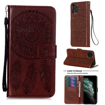 Embossing Dream Catcher Mandala Flower Leather Wallet Case for iPhone 11 Pro (5.8 inch) - Brown