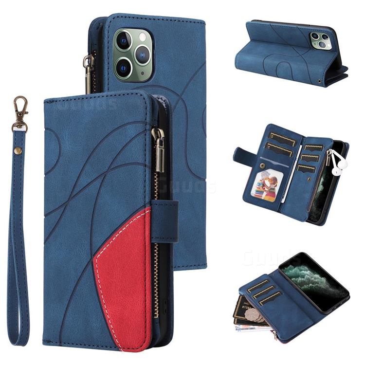 Luxury Two-color Stitching Multi-function Zipper Leather Wallet Case Cover for iPhone 11 Pro (5.8 inch) - Blue