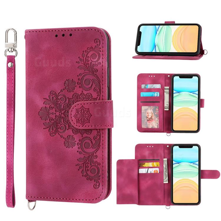 Skin Feel Embossed Lace Flower Multiple Card Slots Leather Wallet Phone Case for iPhone 11 Pro (5.8 inch) - Claret Red
