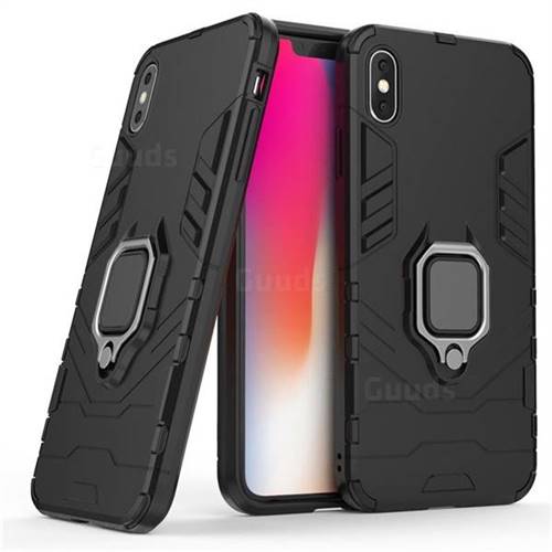 Black Panther Armor Metal Ring Grip Shockproof Dual Layer Rugged Hard Cover for iPhone XS Max (6.5 inch) - Black