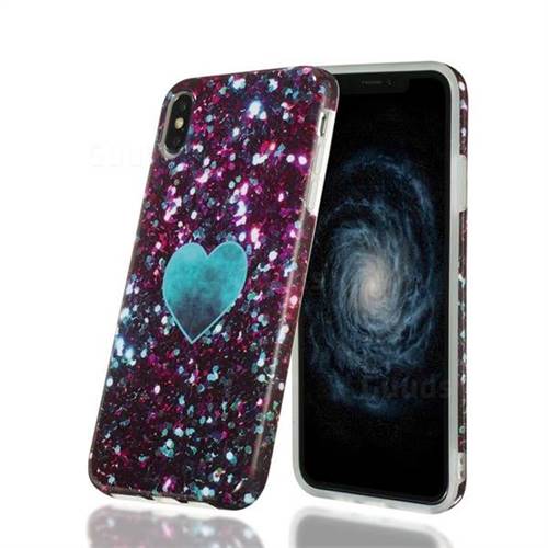 Glitter Green Heart Marble Clear Bumper Glossy Rubber Silicone Phone Case for iPhone XS Max (6.5 inch)