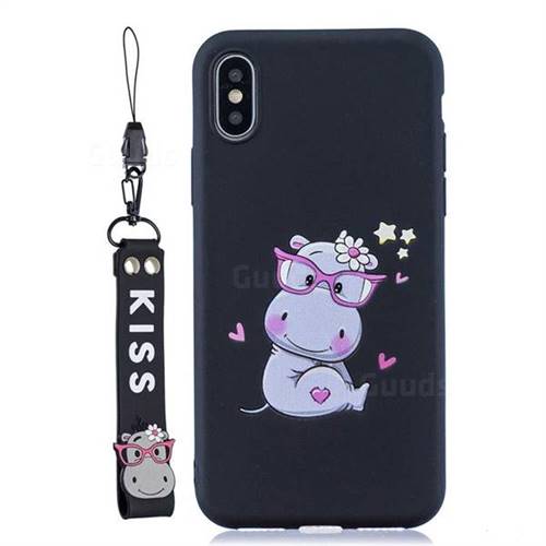 Black Flower Hippo Soft Kiss Candy Hand Strap Silicone Case for iPhone XS Max (6.5 inch)