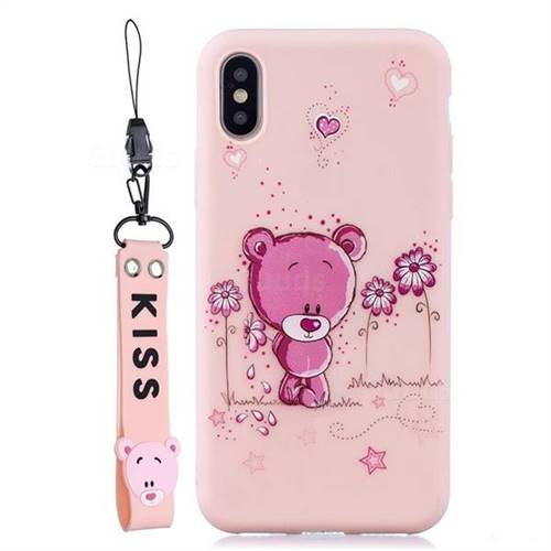 Pink Flower Bear Soft Kiss Candy Hand Strap Silicone Case for iPhone XS Max (6.5 inch)