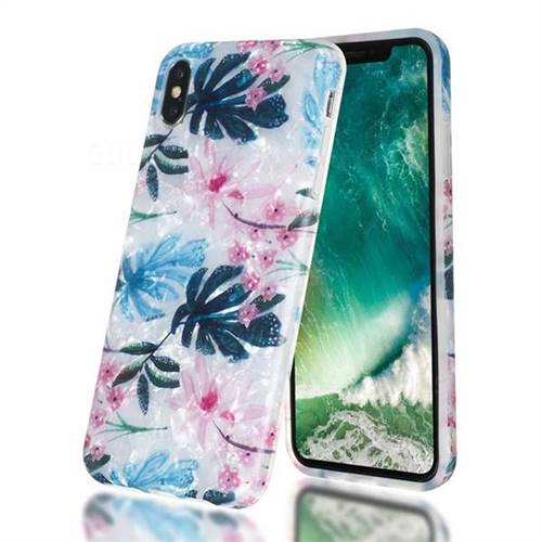 Flowers and Leaves Shell Pattern Clear Bumper Glossy Rubber Silicone Phone Case for iPhone XS Max (6.5 inch)