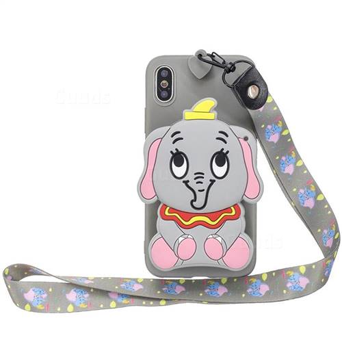 Gray Elephant Neck Lanyard Zipper Wallet Silicone Case for iPhone XS Max (6.5 inch)