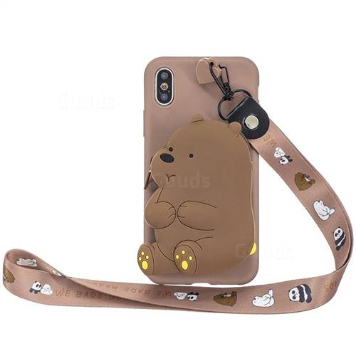 Brown Bear Neck Lanyard Zipper Wallet Silicone Case for iPhone XS Max (6.5 inch)