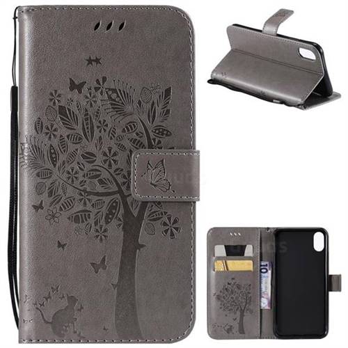 Embossing Butterfly Tree Leather Wallet Case for iPhone XS Max (6.5 inch) - Grey