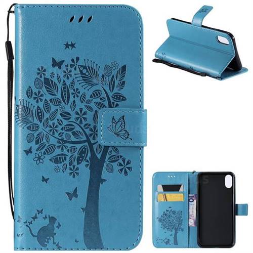 Embossing Butterfly Tree Leather Wallet Case for iPhone XS Max (6.5 inch) - Blue