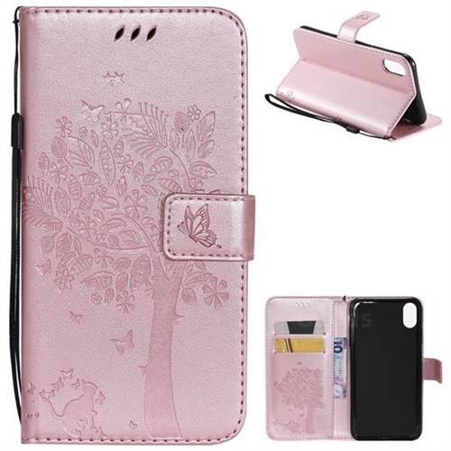 Embossing Butterfly Tree Leather Wallet Case for iPhone XS Max (6.5 inch) - Rose Pink