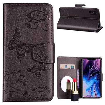 Embossing Butterfly Morning Glory Mirror Leather Wallet Case for iPhone XS Max (6.5 inch) - Silver Gray
