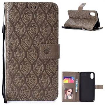 Intricate Embossing Rattan Flower Leather Wallet Case for iPhone XS Max (6.5 inch) - Grey