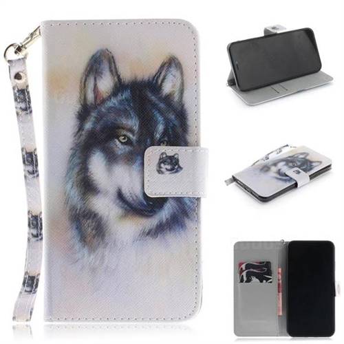 Snow Wolf Hand Strap Leather Wallet Case for iPhone XS Max (6.5 inch)