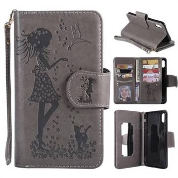 Embossing Cat Girl 9 Card Leather Wallet Case for iPhone XS Max (6.5 inch) - Gray