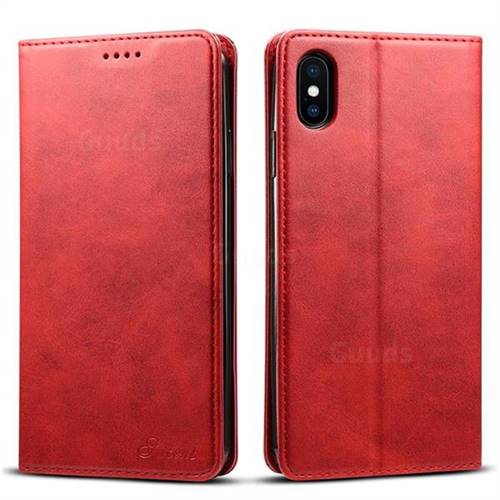 Suteni Simple Style Calf Stripe Leather Wallet Phone Case for iPhone XS Max (6.5 inch) - Red