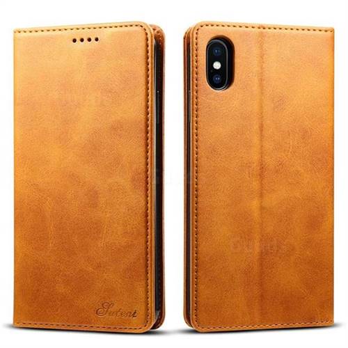 Suteni Simple Style Calf Stripe Leather Wallet Phone Case for iPhone XS Max (6.5 inch) - Khaki