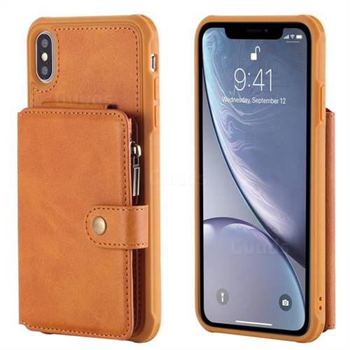 Retro Luxury Multifunction Zipper Leather Phone Back Cover for iPhone XS Max (6.5 inch) - Brown