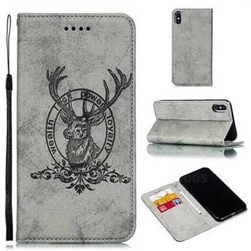 Retro Intricate Embossing Elk Seal Leather Wallet Case for iPhone XS Max (6.5 inch) - Gray