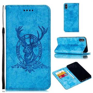 Retro Intricate Embossing Elk Seal Leather Wallet Case for iPhone XS Max (6.5 inch) - Blue