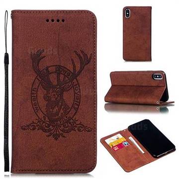 Retro Intricate Embossing Elk Seal Leather Wallet Case for iPhone XS Max (6.5 inch) - Brown