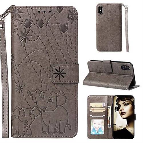 Embossing Fireworks Elephant Leather Wallet Case for iPhone XS Max (6.5 inch) - Gray