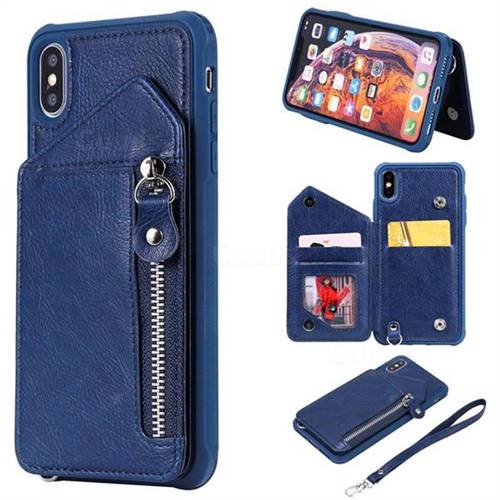 Classic Luxury Buckle Zipper Anti-fall Leather Phone Back Cover for iPhone XS Max (6.5 inch) - Blue