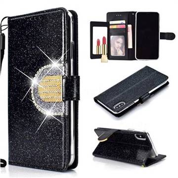 Glitter Diamond Buckle Splice Mirror Leather Wallet Phone Case for iPhone XS Max (6.5 inch) - Black