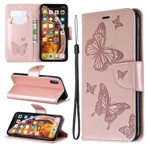 Embossing Double Butterfly Leather Wallet Case for iPhone XS Max (6.5 inch) - Rose Gold
