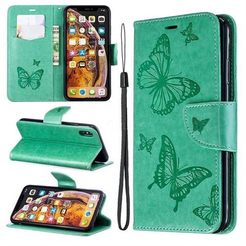 Embossing Double Butterfly Leather Wallet Case for iPhone XS Max (6.5 inch) - Green
