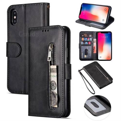Retro Calfskin Zipper Leather Wallet Case Cover for iPhone XS Max (6.5 inch) - Black