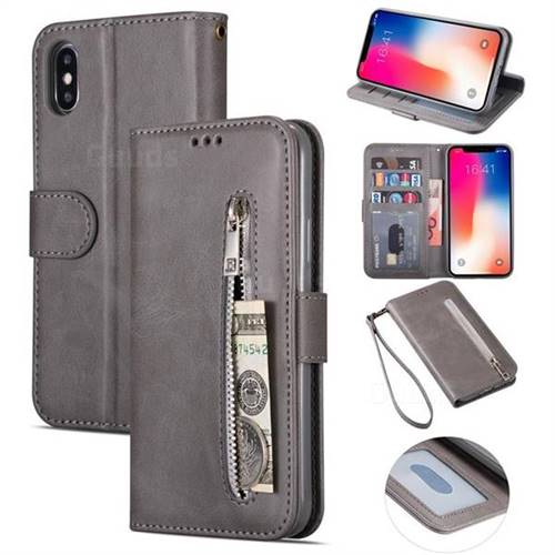 Retro Calfskin Zipper Leather Wallet Case Cover for iPhone XS Max (6.5 inch) - Grey