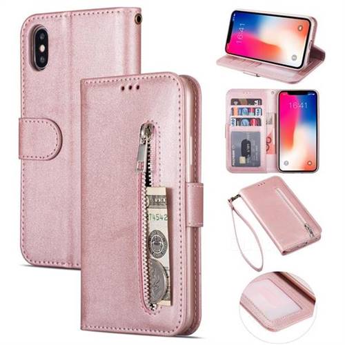 Retro Calfskin Zipper Leather Wallet Case Cover for iPhone XS Max (6.5 inch) - Rose Gold