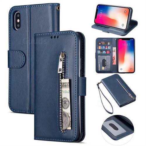 Retro Calfskin Zipper Leather Wallet Case Cover for iPhone XS Max (6.5 inch) - Blue