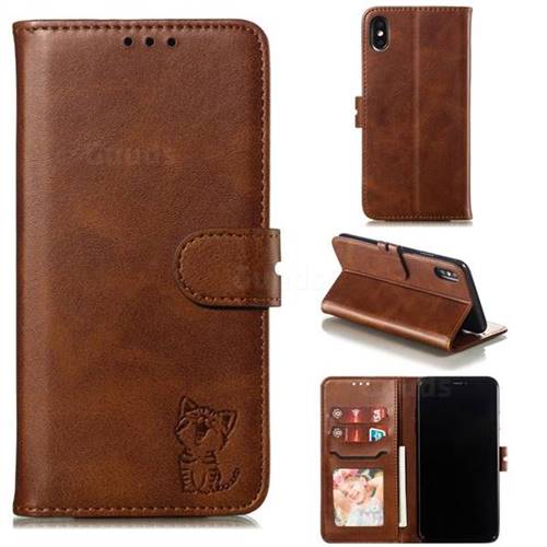 Embossing Happy Cat Leather Wallet Case for iPhone XS Max (6.5 inch) - Brown