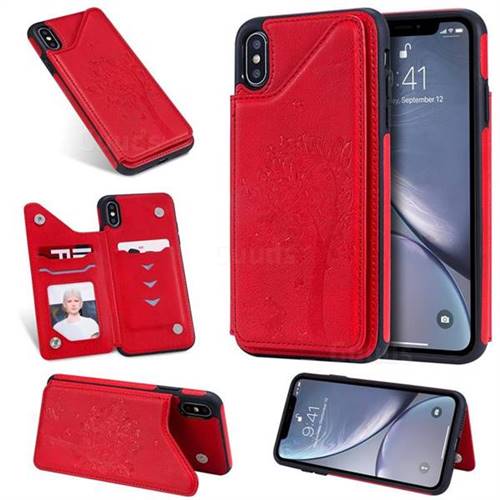 Luxury Tree and Cat Multifunction Magnetic Card Slots Stand Leather Phone Back Cover for iPhone XS Max (6.5 inch) - Red