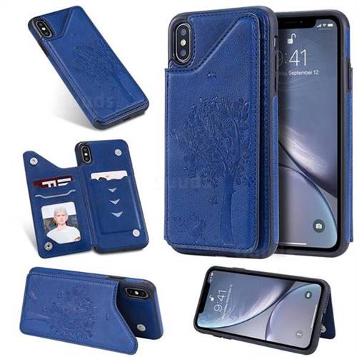 Luxury Tree and Cat Multifunction Magnetic Card Slots Stand Leather Phone Back Cover for iPhone XS Max (6.5 inch) - Blue