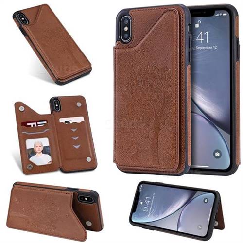 Luxury Tree and Cat Multifunction Magnetic Card Slots Stand Leather Phone Back Cover for iPhone XS Max (6.5 inch) - Brown