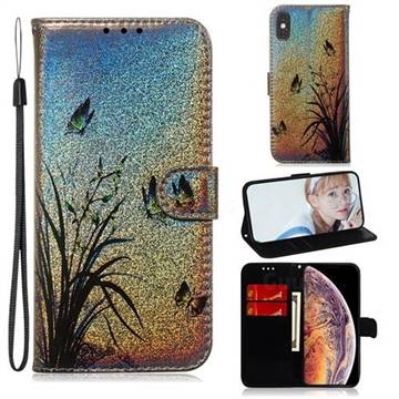 Butterfly Orchid Laser Shining Leather Wallet Phone Case for iPhone XS Max (6.5 inch)