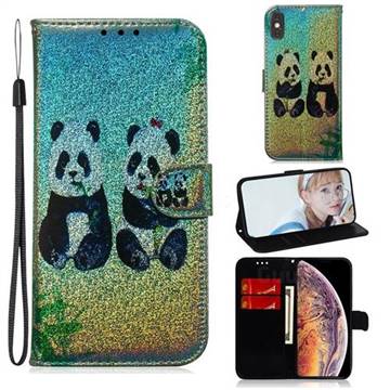 Two Pandas Laser Shining Leather Wallet Phone Case for iPhone XS Max (6.5 inch)
