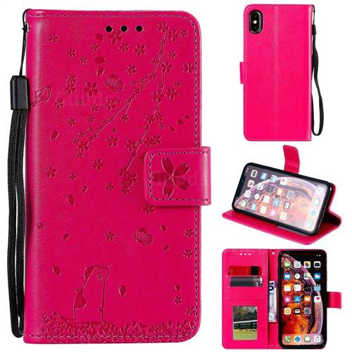 Embossing Cherry Blossom Cat Leather Wallet Case for iPhone XS Max (6.5 inch) - Rose