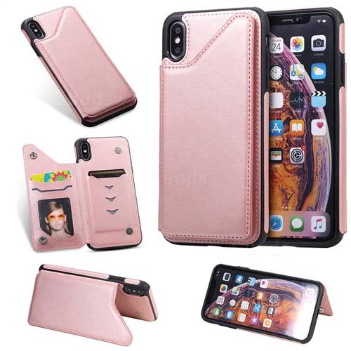 Luxury Multifunction Magnetic Card Slots Stand Calf Leather Phone Back Cover for iPhone XS Max (6.5 inch) - Rose Gold