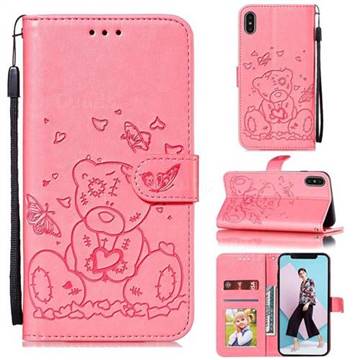 Embossing Butterfly Heart Bear Leather Wallet Case for iPhone XS Max (6.5 inch) - Pink
